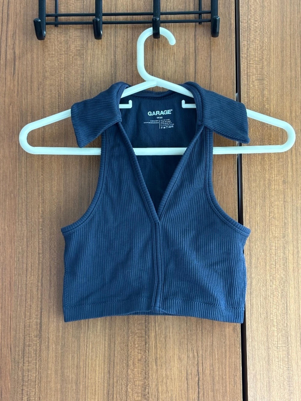 Garage Navy Blue Seamless Ribbed Polo Collar V-Neck Halter Crop Top - XS